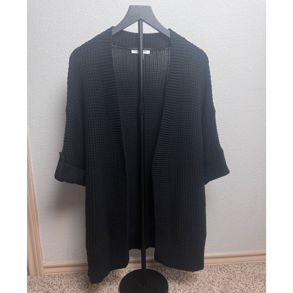 Banana Republic Black Waffle Knit Cardigan Cotton Open Front Button Tab Sleeve L